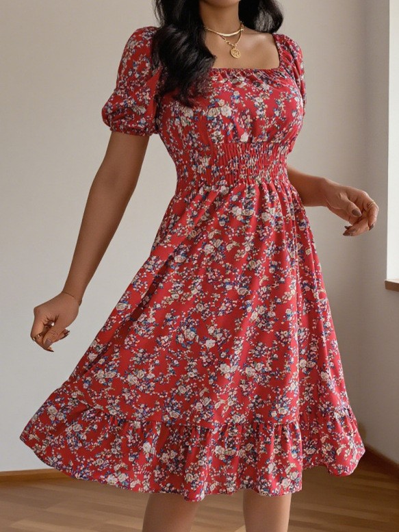 Summer Clothing Pakistan - 夏春の女性服スクエアネック半袖花柄スリムフィットミディドレスエレガントなフリルAラインポリエステル